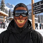 Cagoule visage gangster avec grand sourire aux dents en or et motif bandana noir portée au ski