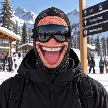 Cagoule visage homme réaliste avec grand sourire et langue tirée portée au ski