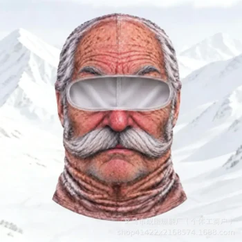 Cagoule visage de vieil homme réaliste avec moustache blanche et rides imprimées en trompe-l'œil